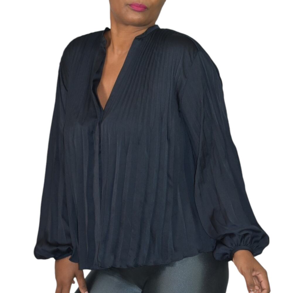 Vince Pleated Blouse Blue Dressy Swing Button Front Long Sleeve Oversized Top XS